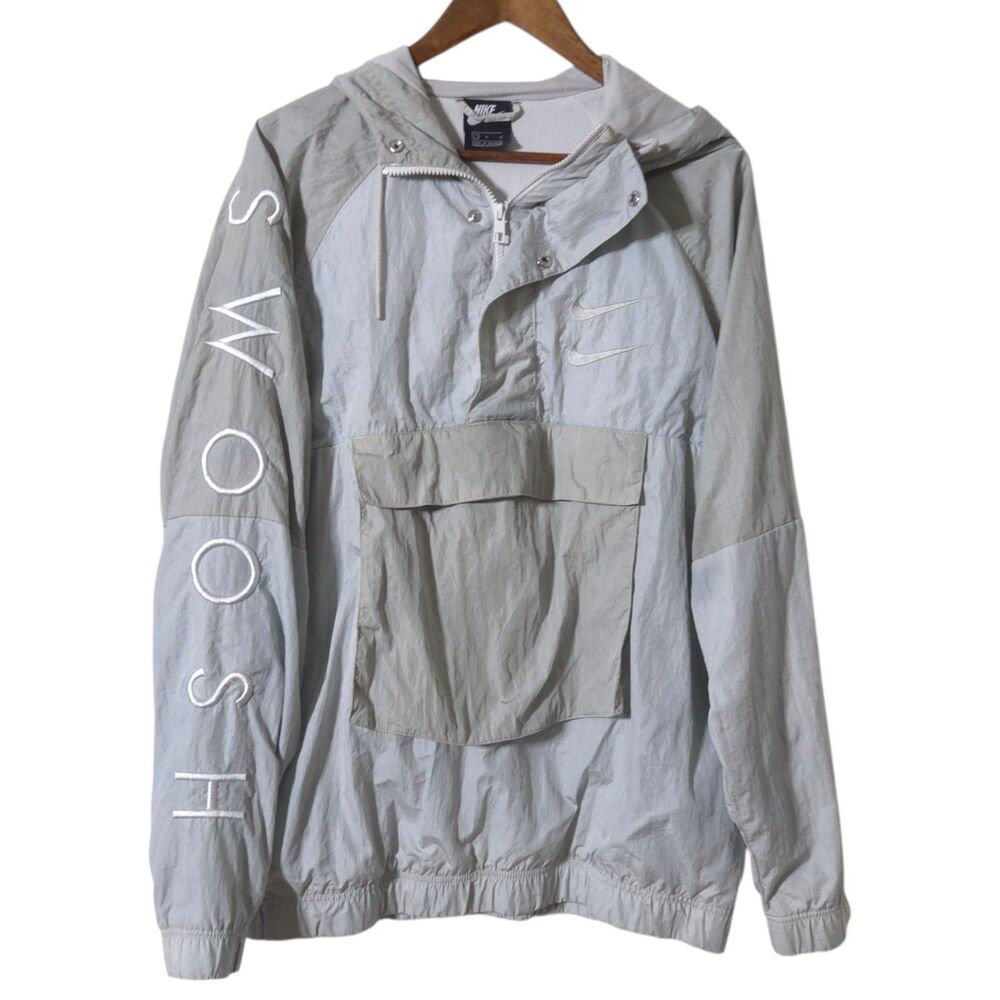 Nike Sportswear Double Swoosh Gray Windbreaker Jacket Size L Kangaroo Pocket Men